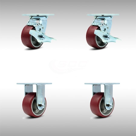 Service Caster 4 Inch SS Poly on Aluminum Caster Set with Roller Bearings 2 Brakes 2 Rigid SCC SCC-SS30S420-PAR-TLB-2-R-2